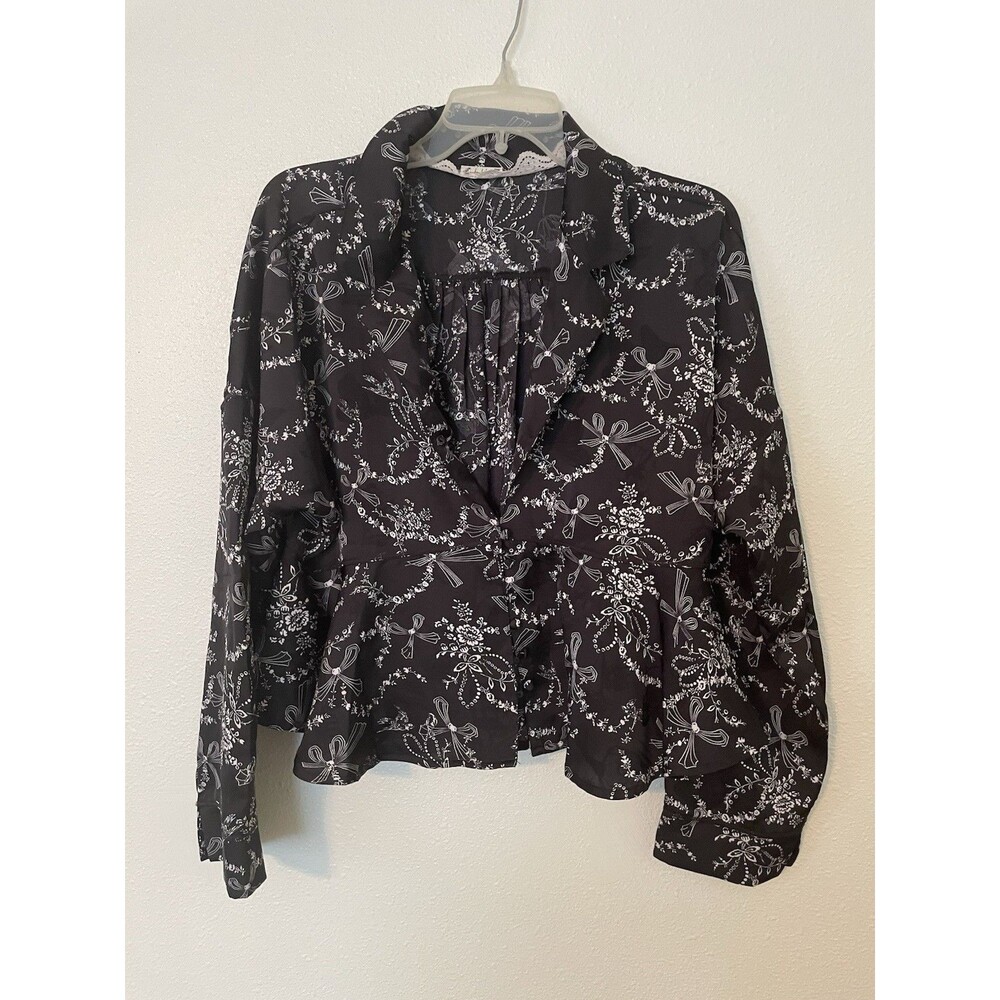 Free People Black L/S Pullover Peasant Top Blouse Sz L Pirate Gypsy Festival